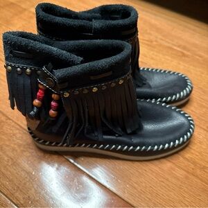 Anthropologie Black Moccasin Boots with Fringe